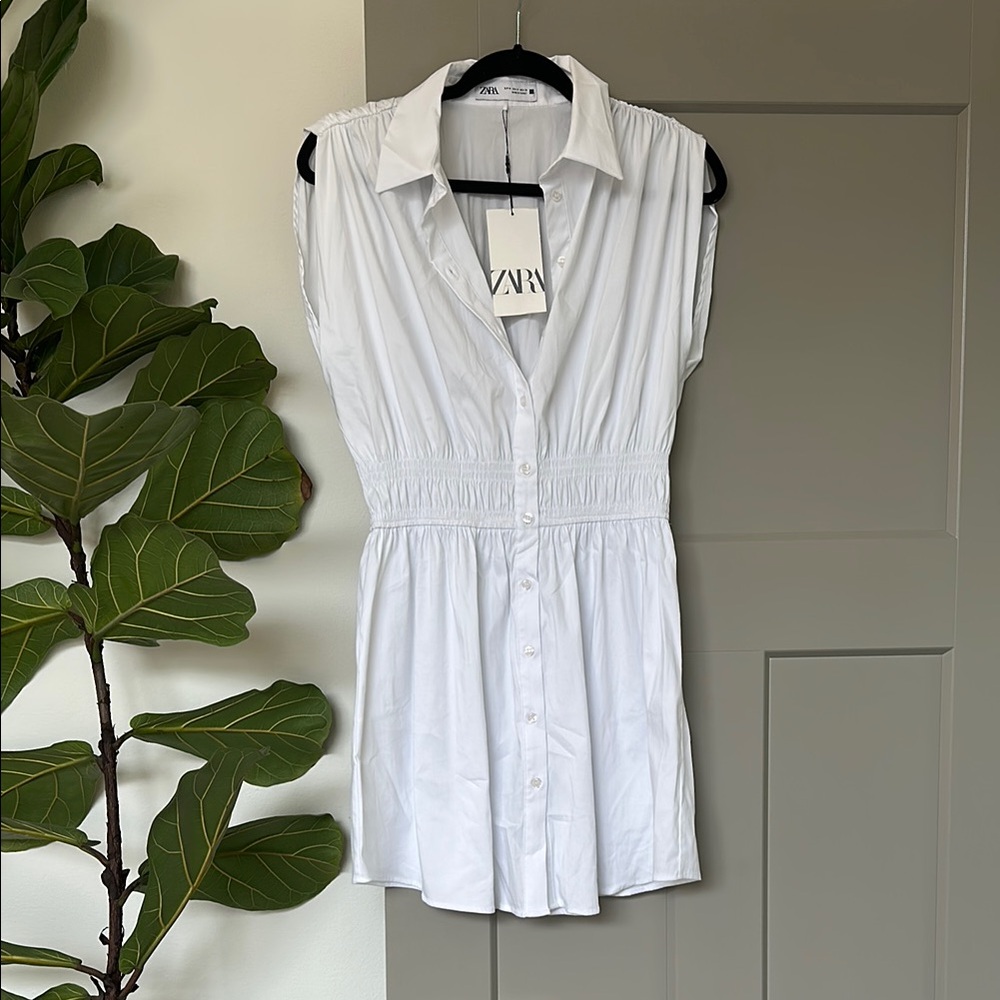 Zara White Sleeveless Button-Down Dress